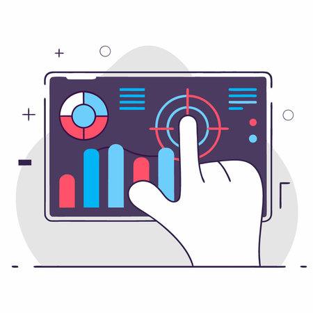 Human finger interacts with complex glowing digital interface displaying charts and graphs. AI generated. Vector iconのイラスト素材