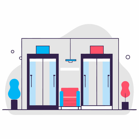 Modern elevator bank in stylish office lobby with warm wooden paneling and soft lighting. AI generated. Vector iconのイラスト素材