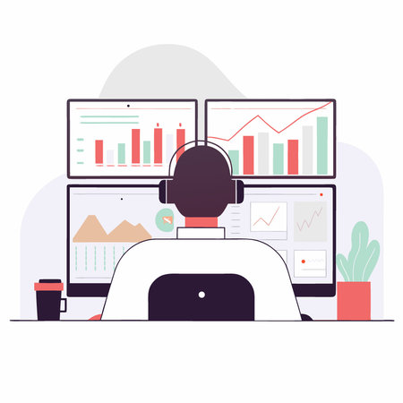 Rear view of data analyst with headphones working on multiple financial screens in office. AI generated. Vector iconのイラスト素材