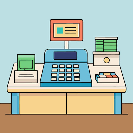 Medium shot of a cash register in a business cafe with a financial management system in use. AI generated. Vector iconのイラスト素材