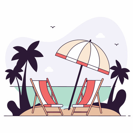 A beach with a white umbrella and two lounge chairs. The water is blue and the sky is clear. AI generated. Vector iconのイラスト素材