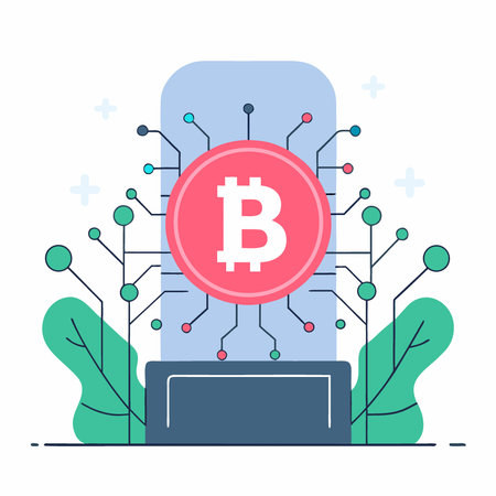 Glowing digital currency emblem rests upon complex electronic circuitry with atmospheric blue light. AI generated. Vector iconのイラスト素材