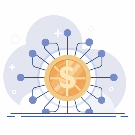 Gleaming digital coin radiates connectivity and innovation against a dark abstract network background. AI generated. Vector iconのイラスト素材