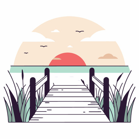 A wooden boardwalk leading to the beach at sunset surrounded by dunes and sea grass with an ocean view. AI generated. Vector iconのイラスト素材