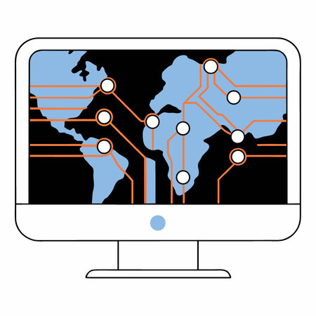 A glowing digital world map displaying global connections and data networks with a futuristic blue...