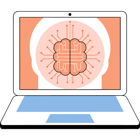 Modern laptop displaying glowing icon representing the integration of artificial intelligence into blockchain technology. AI generated. Vector iconのイラスト素材