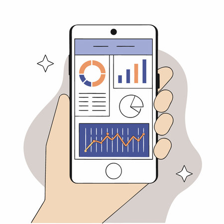 A hand holds a smartphone displaying financial data with vibrant graphs ideal for showcasing technology and investment. AI generated. Vector iconのイラスト素材