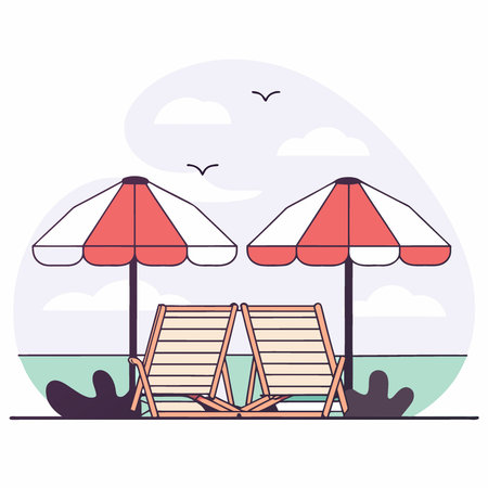 Empty sandy beach with two wooden lounge chairs under parasol umbrellas facing the calm blue sea. AI generated. Vector iconのイラスト素材