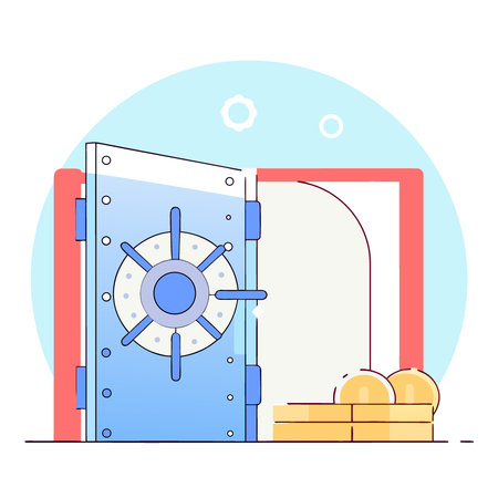 Large metallic bank vault door in dimly lit futuristic setting showcasing secure design and industrial aesthetic. AI generated. Vector iconのイラスト素材