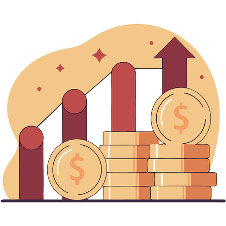 Close-up of golden coins stacked on a surface with a fluctuating financial graph in the background symbolizing wealth and investment. AI generated. Vector iconのイラスト素材