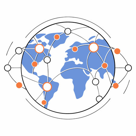Global network visualization with bright lights on a world map symbolizing interconnectedness and digital infrastructure across continents. AI generated. Vector iconのイラスト素材