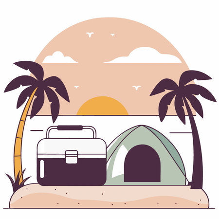 Serene beach camping scene at sunset with a cooler and tent in view evoking a tranquil and relaxed atmosphere on a wonderful beach getaway. AI generated. Vector iconのイラスト素材