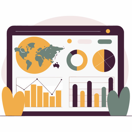 Data visualization dashboard displaying complex analytics global map and charts in a modern dark...
