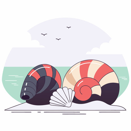 Beautiful seashells resting on sandy beach with gentle waves under summer sun. AI generated. Vector iconのイラスト素材