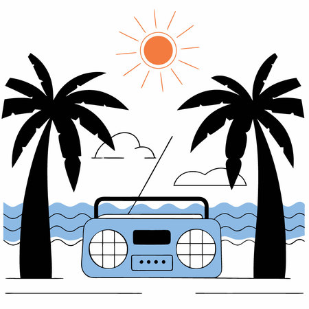 A serene summer beach setting with a portable radio emitting calming tunes surrounded by coconut trees and warm sunlight reflecting on the ocean. AI generated. Vector iconのイラスト素材