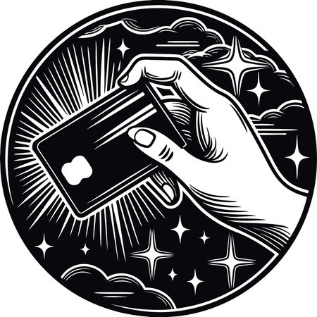 Hand holds credit card with flowing luminous blue energy trails behind it. AI generated. Vector iconのイラスト素材