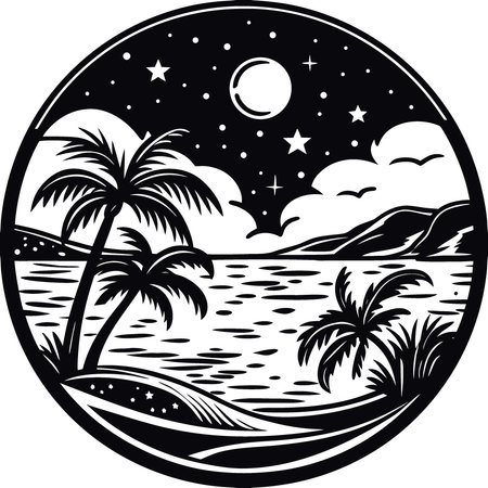 Panoramic stunning view of night tropical beach on the background of starry sky. AI generated. Vector iconのイラスト素材