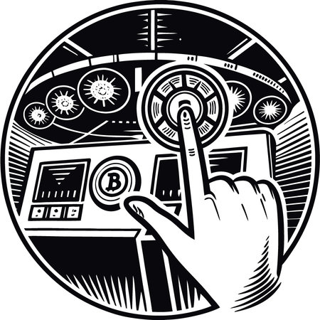 Hand pressing digital currency symbol on futuristic interface with glowing elements and technology. AI generated. Vector iconのイラスト素材