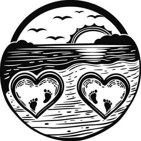 Romantic beach sunset with two heart-shaped footprints in the sand symbolizing love and connection for Valentine's Day. AI generated. Vector iconのイラスト素材