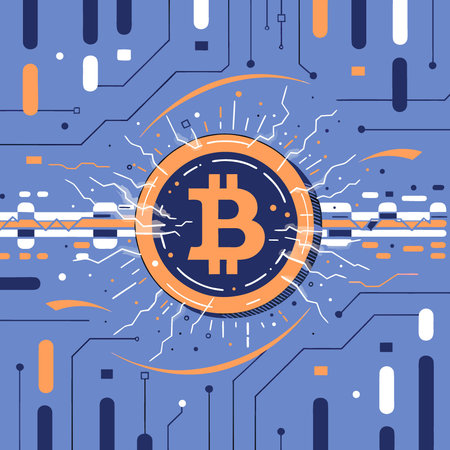 Cryptocurrency coin gleaming with simulated light sparks set against abstract circuit background. AI generated. Vector iconのイラスト素材