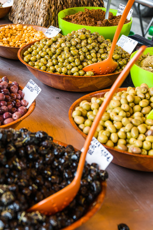 Assortment of olives on market in Provence, Franceの写真素材
