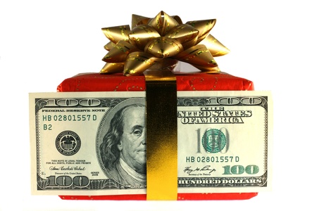 Gift box with banknote of dollarの写真素材