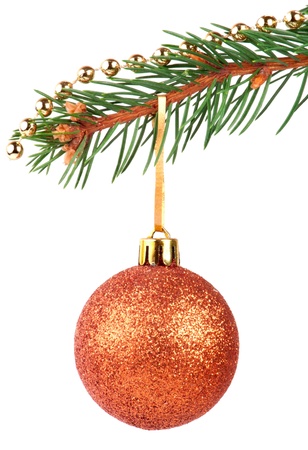 Golden bauble on a Christmas tree branchの写真素材