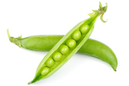 Fresh green pea pod isolated on white backgroundの写真素材