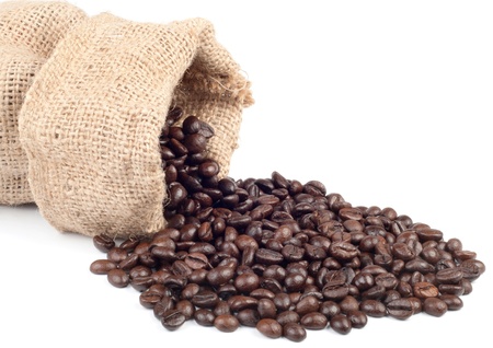 Coffee beans in canvas sack on white backgroundの写真素材