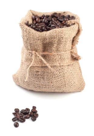 Coffee beans in canvas sack on white backgroundの写真素材