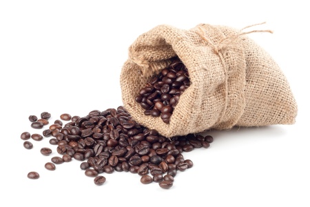 Coffee beans in canvas sack on white backgroundの写真素材
