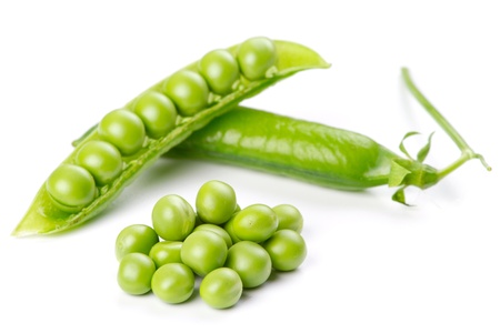 Fresh green pea pod isolated on white backgroundの写真素材