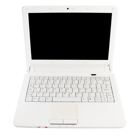 White open laptop with black screen on white backgroundの写真素材
