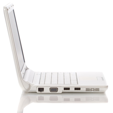 White open laptop on white backgroundの写真素材
