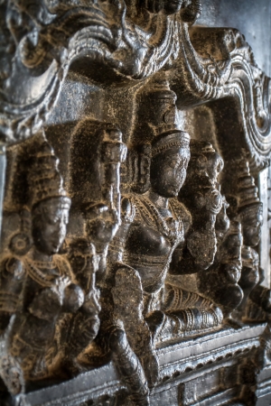 HAMPI, INDIA - FEBRUARY 3: Carved statues in the Hindu temple in Hampi, Karnataka on February 3, 2013. Hampi is located within the ruins of Vijayanagara, the former capital of the Vijayanagara Empire.のeditorial素材