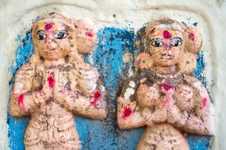 HAMPI, INDIA - FEBRUARY 2: Carved statues in the Hindu temple in Hampi, Karnataka on February 2, 2013. Hampi is located within the ruins of Vijayanagara, the former capital of the Vijayanagara Empire.の写真素材