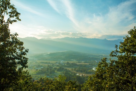 Beautiful misty mountain view in Pai, Northern Thailandの写真素材