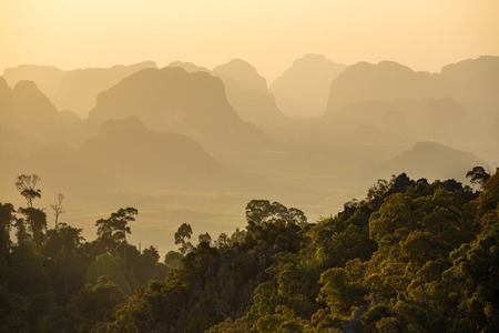 Morning sunshine over the misty forest and mountainsの写真素材