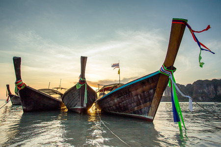 Longtail boats at the tropical beach of Poda island, Andaman sea, Thailandの写真素材