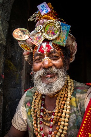 KATHMANDU, NEPAL - APRIL 1: A sadhu at Pashupatinath Temple in Kathmandu, Nepal on April 1, 2013. Sadhus are holy men who have chosen to live an ascetic life and focus on the spiritual practice of Hinduismのeditorial素材