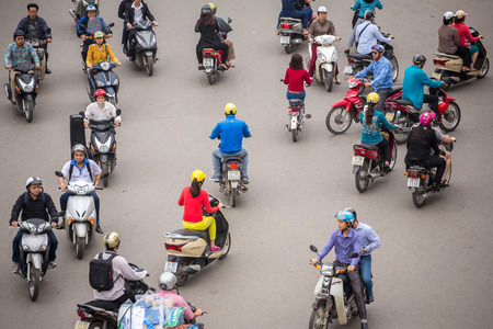 HANOI - 8 APRIL: Top view of people and traffic in Hoan Kiem district (old quarter) in Hanoi, Vietnam, on April 8, 2014.のeditorial素材
