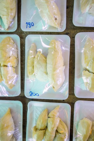 Packed peeled durian on the marketの写真素材
