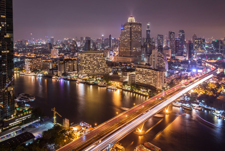 Landscape of River in Bangkok city  at night, bird viewの写真素材