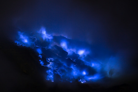 Blue sulfur flames, Kawah Ijen volcano, East Javaの写真素材