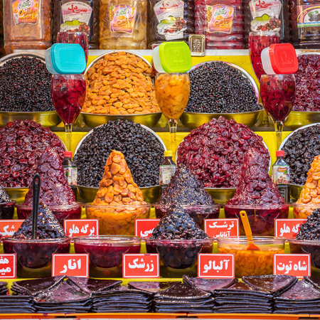 Tehran, Iran - November 30, 2015: Traditionally dried and processed sour plums, sour cherries and forest fruits for sale in Darband area of Tehran, Iran.のeditorial素材