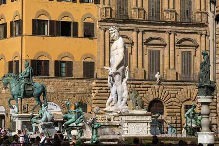 Florence, Italy - September 16, 2015: Fountain of Neptune in Florence, Piazza della Signoria, Italy. The fountain was commissioned in 1565 and is the work of the sculptor Bartolomeo Ammannati.のeditorial素材