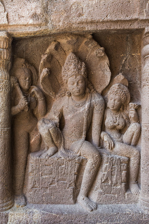 Carving in Ellora caves near Aurangabad, Maharashtra state in Indiaの写真素材