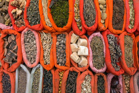 Various of Indian colorful powder spices on the market in Indiaの写真素材