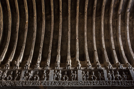 Carving in Ellora caves near Aurangabad, Maharashtra state in Indiaの写真素材