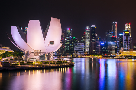 Singapore skyline and Marina bay view at nightのeditorial素材
